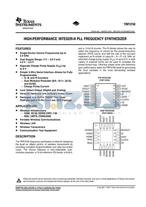 TRF3750IRGP datasheet - HIGH-PERFORMANCE INTEGER-N PLL FREQUENCY SYNTHESIZER