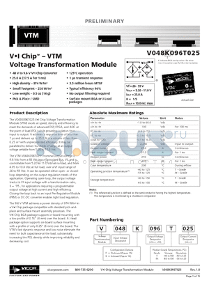 V048F096M025 datasheet - VI Chip - VTM Voltage Transformation Module