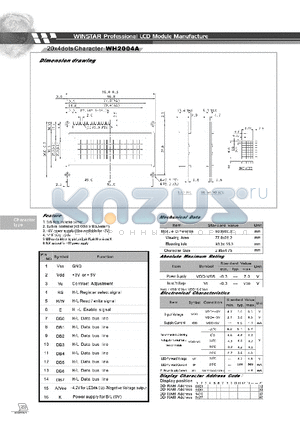 WH2004A datasheet - WINSTAR Professional LCD Module Manufacture