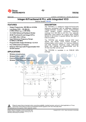 TRF3765IRHBR datasheet - Integer-N/Fractional-N PLL with Integrated VCO