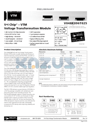 V048F096T025 datasheet - VI Chip - VTM Voltage Transformation Module