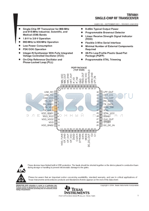 TRF6901 datasheet - SINGLE-CHIP RF TRANSCEIVER