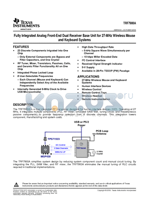 TRF7900A datasheet - Fully Integrated Analog Front-End Dual Receiver Base Unit for 27-MHz Wireless Mouse and Keyboard Systems