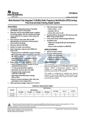 TRF7960 datasheet - Multi-Standard Fully Integrated 13.56-MHz Radio Frequency Identification (RFID) Analog Front End and Data Framing Reader System