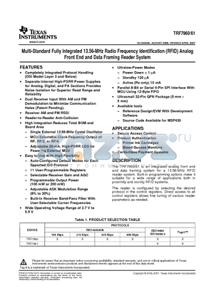 TRF7960RHBT datasheet - Multi-Standard Fully Integrated 13.56-MHz Radio Frequency Identification (RFID) Analog Front End and Data Framing Reader System