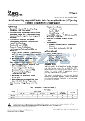 TRF7960_07 datasheet - Multi-Standard Fully Integrated 13.56-MHz Radio Frequency Identification (RFID) Analog Front End and Data Framing Reader System