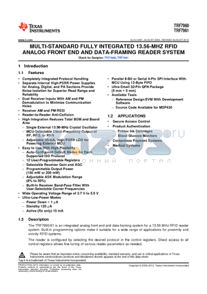 TRF7961 datasheet - MULTI-STANDARD FULLY INTEGRATED 13.56-MHZ RFID ANALOG FRONT END AND DATA-FRAMING READER SYSTEM