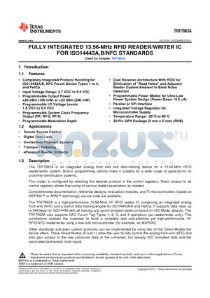 TRF7963A datasheet - FULLY INTEGRATED 13.56-MHz RFID READER/WRITER IC FOR ISO14443A,B/NFC STANDARDS