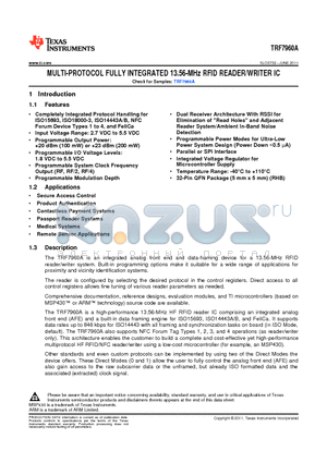 TRF7960ARHBR datasheet - MULTI-PROTOCOL FULLY INTEGRATED 13.56-MHz RFID READER/WRITER IC