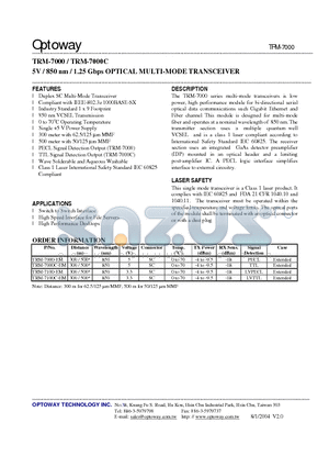TRM-7000-EM datasheet - 5V / 850 nm / 1.25 Gbps OPTICAL MULTI-MODE TRANSCEIVER