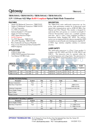 TRM-5101AG datasheet - 3.3V / 1310 nm / 622 Mbps RoHS Compliant Optical Multi-Mode Transceiver