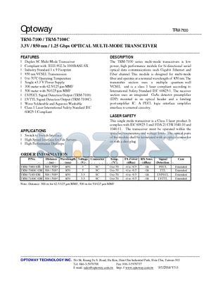 TRM-7000C-EM datasheet - 3.3V / 850 nm / 1.25 Gbps OPTICAL MULTI-MODE TRANSCEIVER