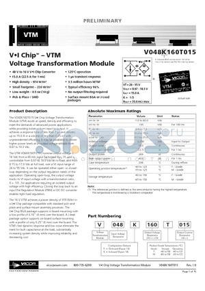 V048F160M015 datasheet - VI Chip - VTM Voltage Transformation Module