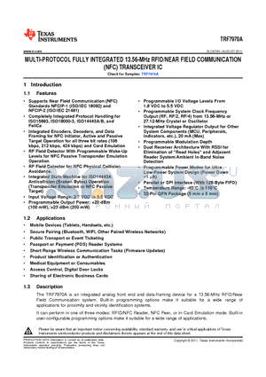 TRF7970ARHBT datasheet - MULTI-PROTOCOL FULLY INTEGRATED 13.56-MHz RFID/NEAR FIELD COMMUNICATION