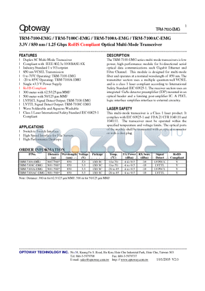 TRM-7100-EMG datasheet - 3.3V / 850 nm / 1.25 Gbps RoHS Compliant Optical Multi-Mode Transceiver