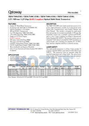 TRM-7100G datasheet - 3.3V / 850 nm / 1.25 Gbps RoHS Compliant Optical Multi-Mode Transceiver