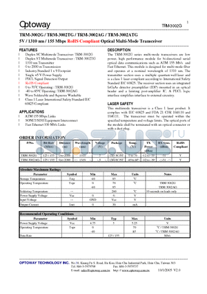 TRM-3002G datasheet - 5V / 1310 nm / 155 Mbps RoHS Compliant Optical Multi-Mode Transceiver