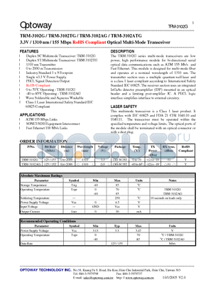 TRM-3102AG datasheet - 3.3V / 1310 nm / 155 Mbps RoHS Compliant Optical Multi-Mode Transceiver