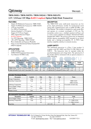 TRM-3102G datasheet - 3.3V / 1310 nm / 155 Mbps RoHS Compliant Optical Multi-Mode Transceiver