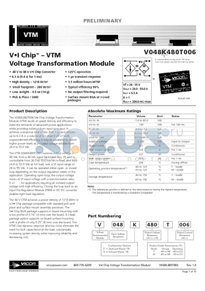 V048F480M006 datasheet - VI Chip - VTM Voltage Transformation Module