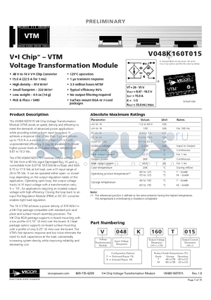 V048K160T015 datasheet - VI Chip - VTM Voltage Transformation Module