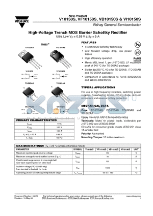 V10150S datasheet - High-Voltage Trench MOS Barrier Schottky Rectifier Ultra Low VF = 0.59 V at IF = 5 A