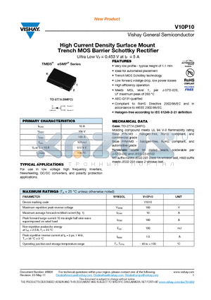 V10P10-M3-86A datasheet - High Current Density Surface Mount Trench MOS Barrier Schottky Rectifier