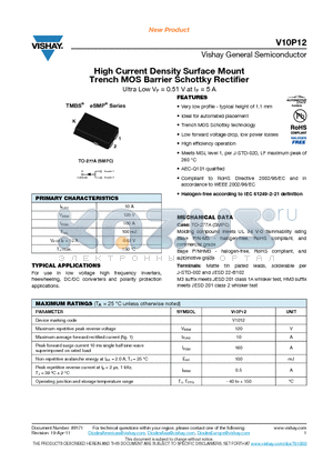 V10P12-M3-86A datasheet - High Current Density Surface Mount Trench MOS Barrier Schottky Rectifier