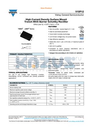 V10P12HM3-86A datasheet - High Current Density Surface Mount Trench MOS Barrier Schottky Rectifier