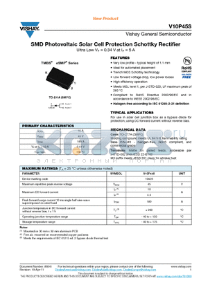 V10P45S-M3-87A datasheet - SMD Photovoltaic Solar Cell Protection Schottky Rectifier