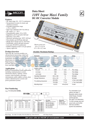 V110A12H300BF datasheet - 110V Input Maxi Family DC-DC Converter Module Features