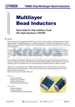 TRMB100505 datasheet - TRMB Chip Multilayer Bead Inductors