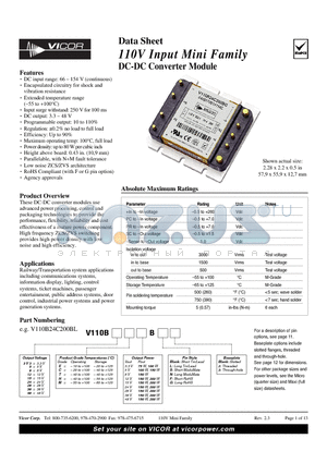 V110B12E150BN datasheet - 110V Input Mini Family DC-DC Converter Module