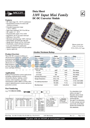 V110B12T200BN datasheet - 110V Input Mini Family DC-DC Converter Module