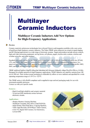 TRMF160808R10K datasheet - TRMF Multilayer Ceramic Inductors