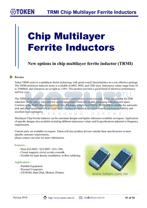 TRMI160808-2R7 datasheet - TRMI Chip Multilayer Ferrite Inductors