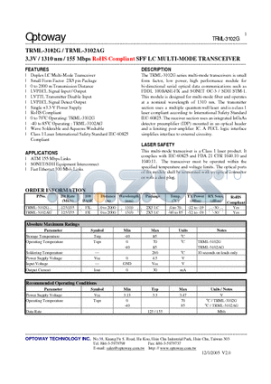 TRML-3102AG datasheet - 3.3V / 1310 nm / 155 Mbps RoHS Compliant SFF LC MULTI-MODE TRANSCEIVER