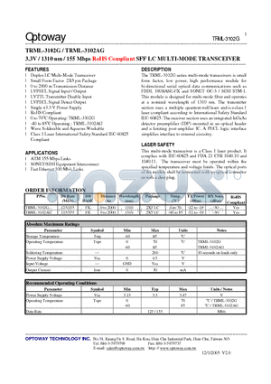 TRML-3102G datasheet - 3.3V / 1310 nm / 155 Mbps RoHS Compliant SFF LC MULTI-MODE TRANSCEIVER