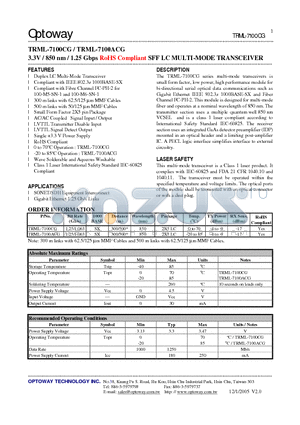 TRML-7100CG datasheet - 3.3V / 850 nm / 1.25 Gbps RoHS Compliant SFF LC MULTI-MODE TRANSCEIVER