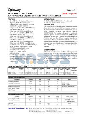 TRML-8100BG datasheet - 3.3V / 850 nm / 4.25 Gbps SFF LC MULTI-MODE TRANSCEIVER