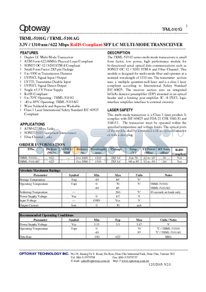 TRML-5101AG datasheet - 3.3V / 1310 nm / 622 Mbps RoHS Compliant SFF LC MULTI-MODE TRANSCEIVER
