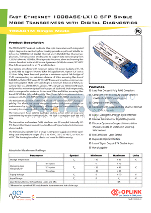 TRP1G1ES4C00000G datasheet - Fast Ethernet 100BASE-LX10 SFP Single Mode Transceivers with Digital Diagnostics