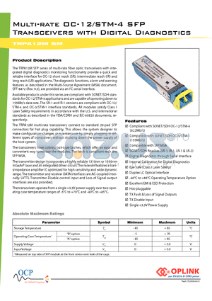 TRPA12MSM datasheet - Multi-rate OC-12/STM-4 SFP Transceivers with Digital Diagnostics