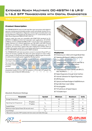 TRPA48E2IXFM datasheet - Extended Reach Multi-rate OC-48/STM-16 LR-2/L-16.2 SFP Transceivers with Digital Diagnostics