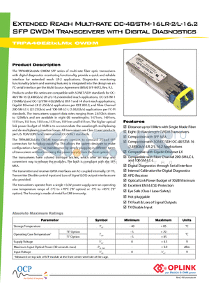 TRPA48E2IXLMX datasheet - Extended Reach Multi-rate OC-48/STM-16LR-2/L-16.2 SFP CWDM Transceivers with Digital Diagnostics