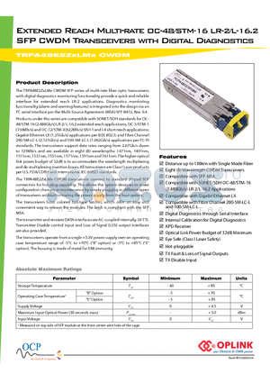 TRPA48E2ZXLMX datasheet - Extended Reach Multi-rate OC-48/STM-16 LR-2/L-16.2 SFP CWDM Transceivers with Digital Diagnostics