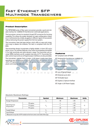 TRP3FE0L1E00000 datasheet - Fast Ethernet SFP Multimode Transceivers