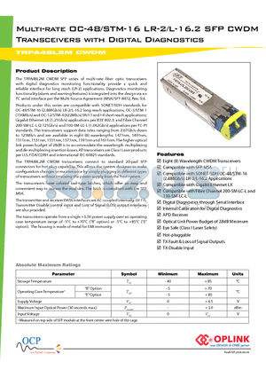 TRPA48L2MCWDM datasheet - Multi-rate OC-48/STM-16 LR-2/L-16.2 SFP CWDM Transceivers with Digital Diagnostics