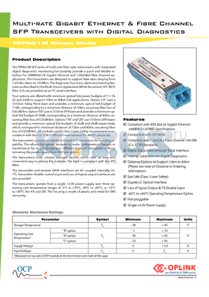 TRPAG1LXDBBM datasheet - Multi-rate Gigabit Ethernet & Fibre Channel SFP Transceivers with Digital Diagnostics