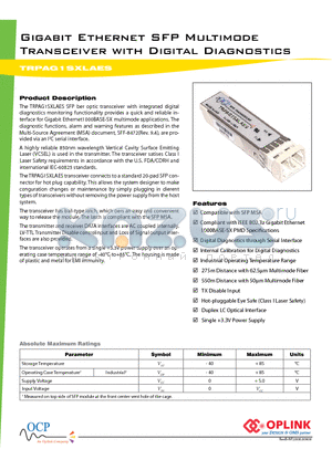 TRPAG1SXLAES datasheet - Gigabit Ethernet SFP Multimode Transceiver with Digital Diagnostics